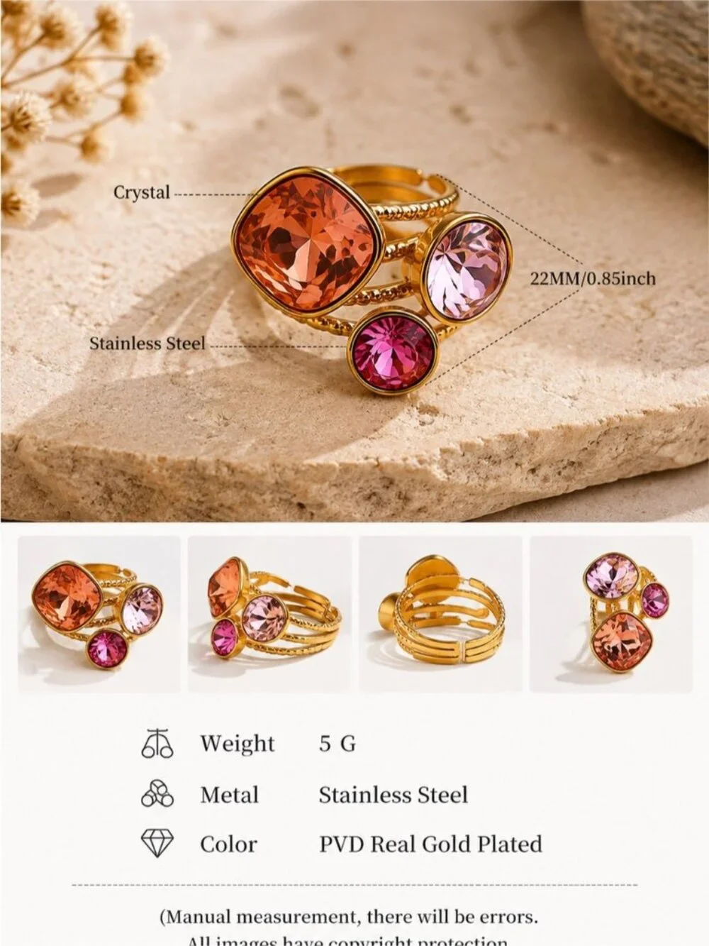18 K Gold plated Stackable Ring Set with Peach, Lavender and Rose Stones